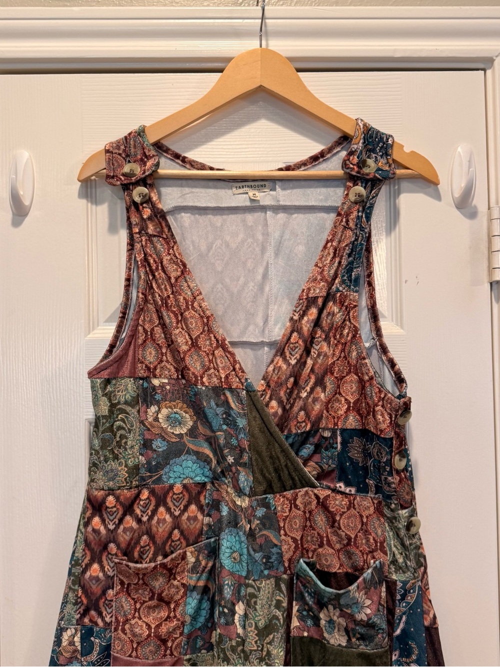 Earthbound Patchwork Velvet Jumpsuit Wide Leg Boho Hippie Indie Size Medium - Picture 4 of 11